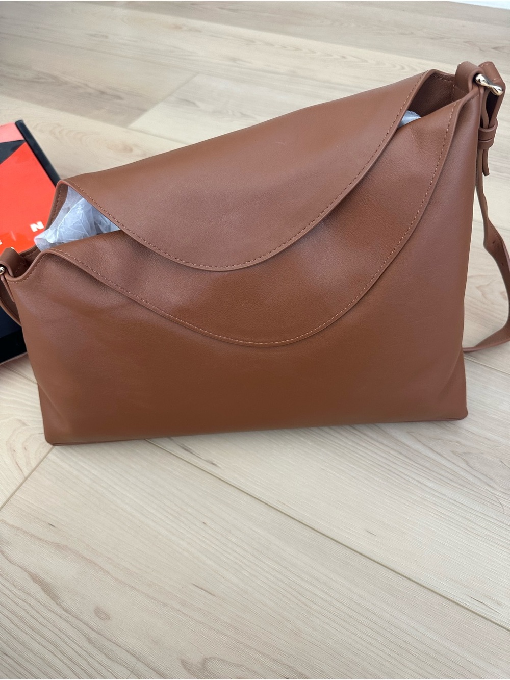 Asymmetrical Tan Brown Shoulder Bag with Curved Flap